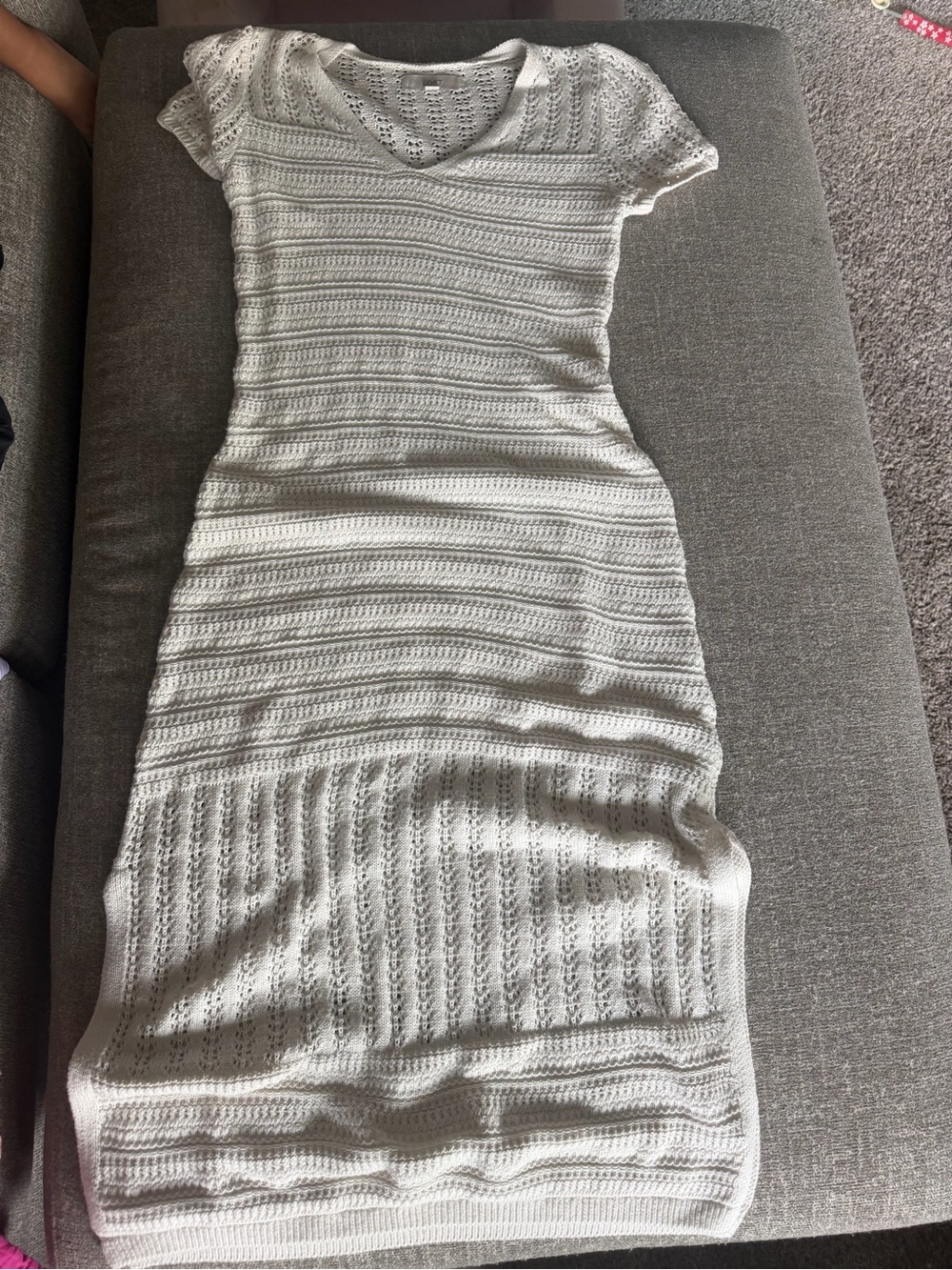 Women’s White Knit/Crochet V-Neck Short Sleeve Dress/Swim Coverup